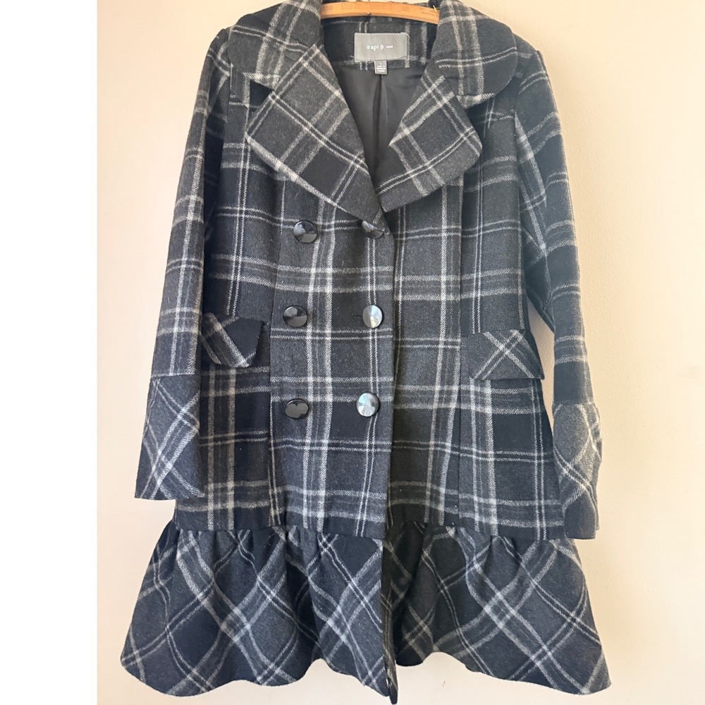 VTG Y2k Apt 9 Plaid Wool Blend‎ Double Breasted Size L Ruffle Feminine Classic